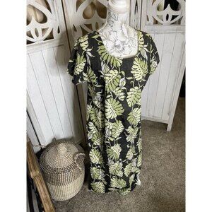 Vintage Reyn Spooner Hawaiian Tropical Leaf Print Long Dress Short Sleeve Large